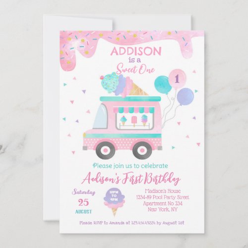 Ice Cream truck Sweet One 1st Birthday Invitations