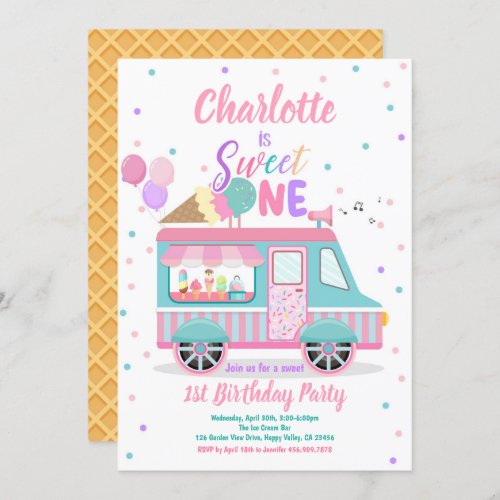 Ice Cream Truck Sweet One 1st Birthday Party  Invitation