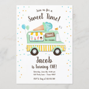 Ice Cream Truck Sweet Time Boy Mint Blue Birthday Invitation