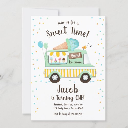 Ice Cream Truck Sweet Time Boy Mint Blue Birthday Invitation