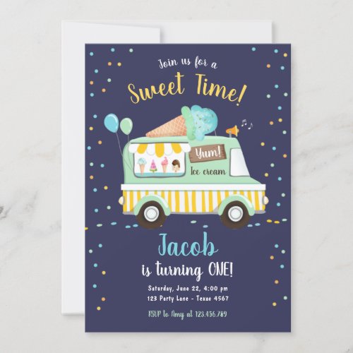 Ice Cream Truck Sweet Time Boy Mint Blue Birthday Invitation