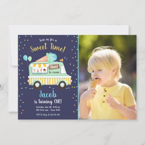 Ice Cream Truck Sweet Time Boy Mint Blue Birthday Invitation