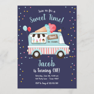 Ice Cream Truck Sweet Time Boy Red Blue Birthday Invitation