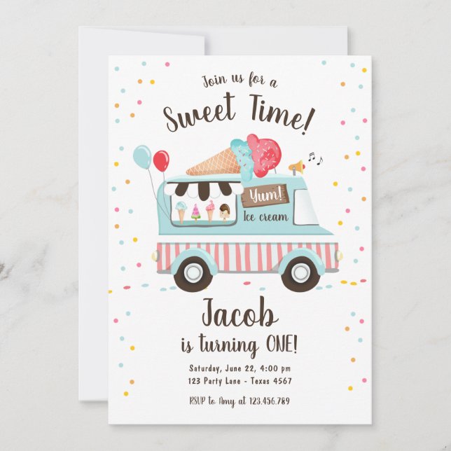 Ice Cream Truck Sweet Time Boy Red Blue Birthday Invitation (Front)
