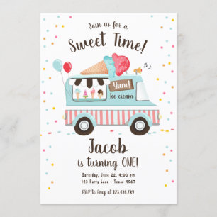 Ice Cream Truck Sweet Time Boy Red Blue Birthday Invitation