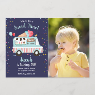 Ice Cream Truck Sweet Time Boy Red Blue Birthday Invitation