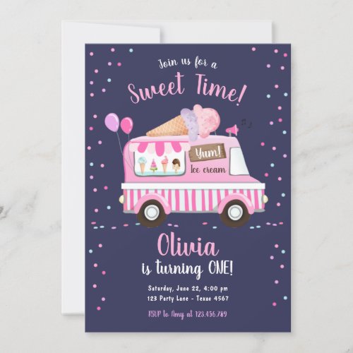 Ice Cream Truck Sweet Time Pink Girl Birthday Invitation