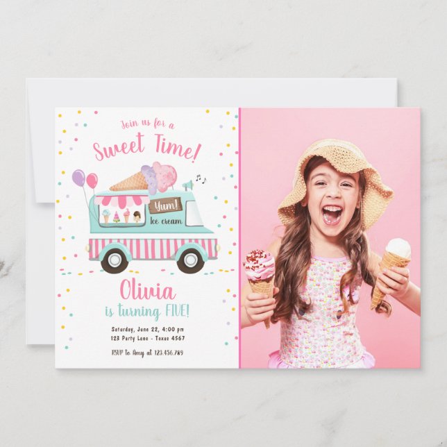 Ice Cream Truck Sweet Time Pink Girl Birthday Invitation (Front)