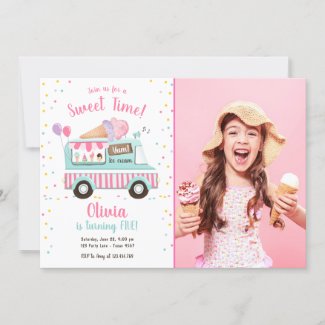 Ice Cream Truck Sweet Time Pink Girl Birthday Invitation