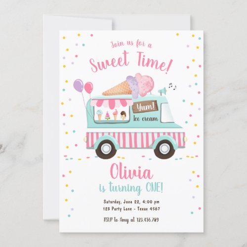 Ice Cream Truck Sweet Time Pink Girl Birthday Invitation