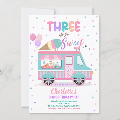 Ice Cream Truck Three is So Sweet 3rd Birthday  Invitation