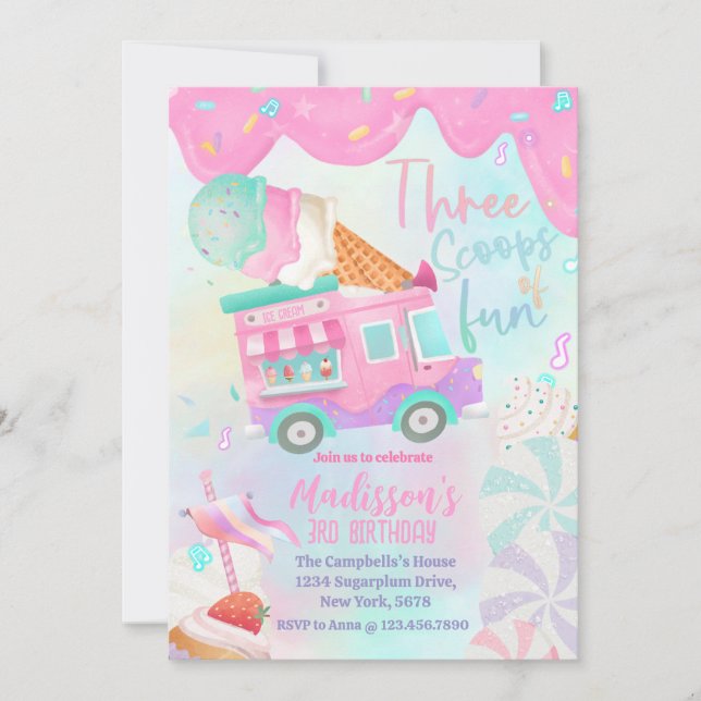 Ice Cream Truck Three Scoops Of Fun 3rd Birthday  Invitation (Front)