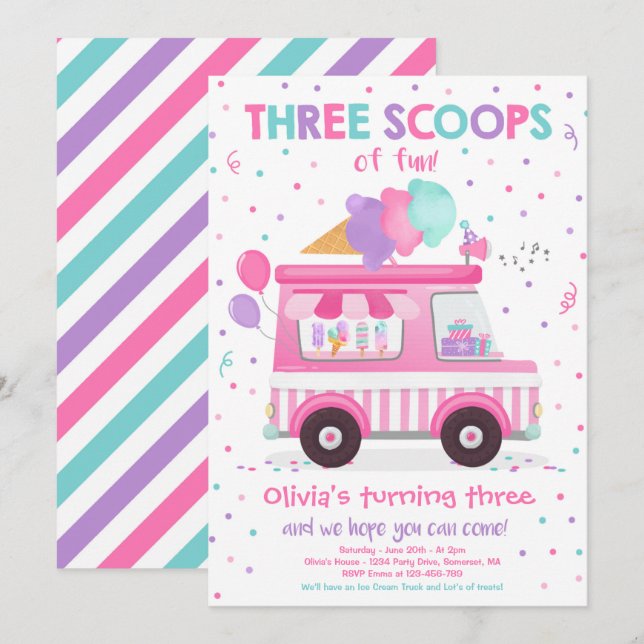 Ice Cream Truck Three Scoops Of Fun 3rd Birthday Invitation (Front/Back)