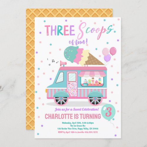 Ice Cream Truck Three Scoops of Fun 3rd Birthday Invitation