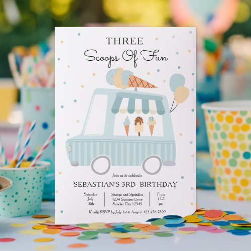 Ice Cream Truck Three Scoops Of Fun 3rd Birthday Invitation