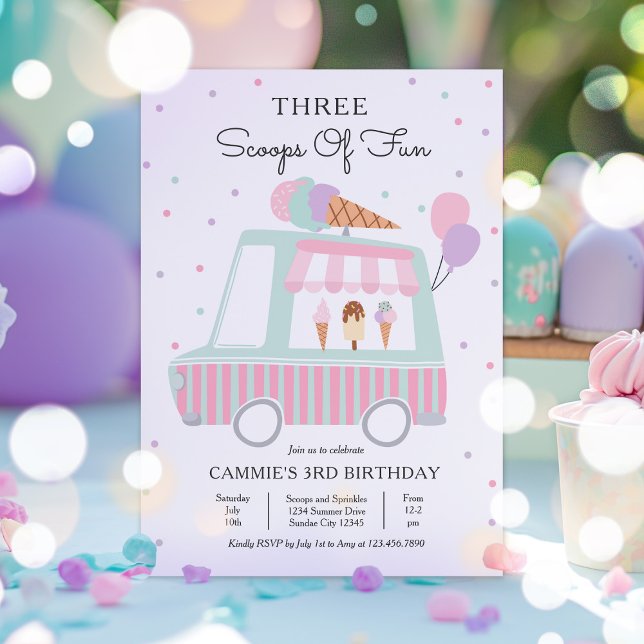 Ice Cream Truck Three Scoops Of Fun 3rd Birthday Invitation (Creator Uploaded)