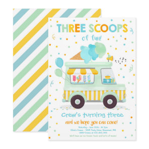 Ice Cream Truck Three Scoops Of Fun 3rd Birthday  Invitation