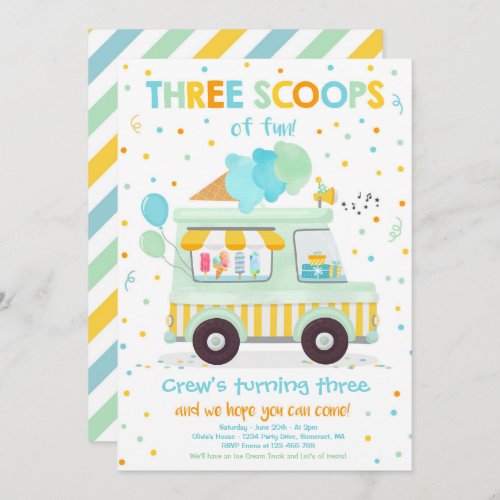 Ice Cream Truck Three Scoops Of Fun 3rd Birthday  Invitation