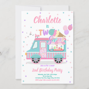 Ice Cream Truck Two Sweet 2nd Birthday Party Invitation