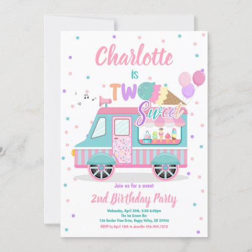 Ice Cream Truck Two Sweet 2nd Birthday Party  Invitation
