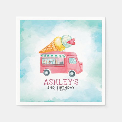 Ice Cream Truck Watercolor Birthday Napkins