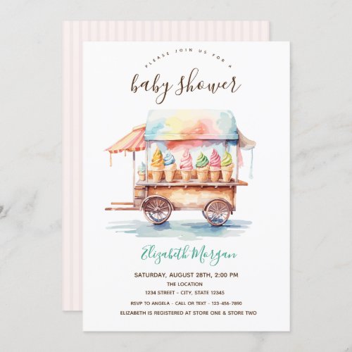 Ice Cream Truck Watercolor Striped Baby Shower Invitation