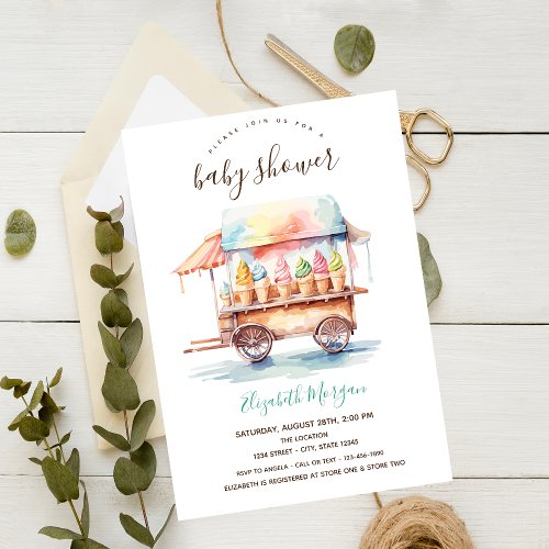 Ice Cream Truck Watercolor Striped Baby Shower Invitation