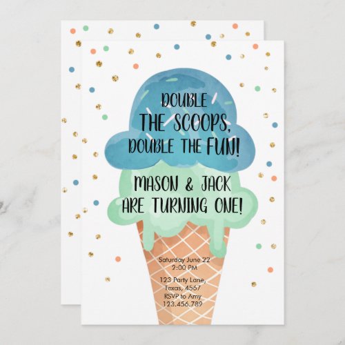 Ice Cream Twin Birthday Blue Mint Cone Confetti Invitation