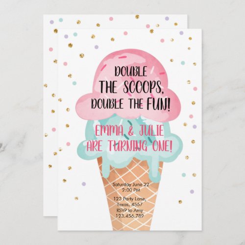 Ice Cream Twin Birthday Pink Mint Cone Confetti Invitation