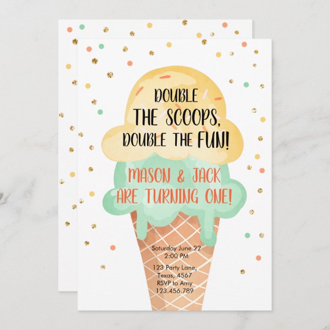 Ice Cream Twin Birthday Yellow Mint Cone Confetti Invitation (Front/Back)