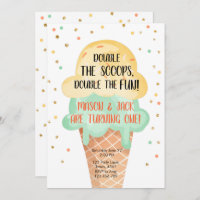 Ice Cream Twin Birthday Yellow Mint Cone Confetti Invitation