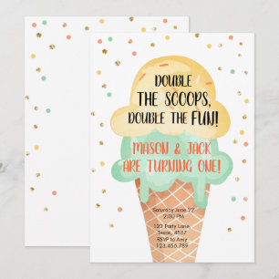 Ice Cream Twin Birthday Yellow Mint Cone Confetti Invitation
