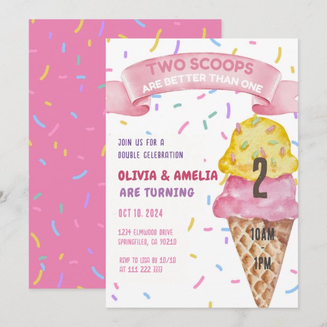 Ice Cream Twin Girls Two Scoops Birthday Invitation (Front/Back)