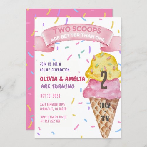 Ice Cream Twin Girls Two Scoops Birthday Invitation