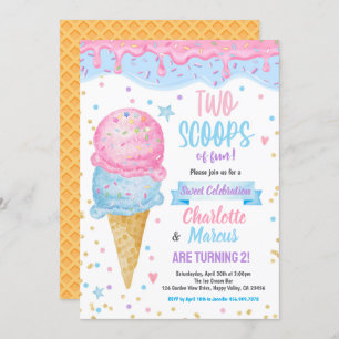 Ice Cream Twins Boy Girl Birthday Party Pink Blue Invitation