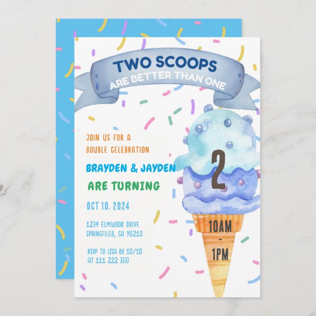 Ice Cream Twins Boys Girls Two Scoops Birthday Invitation (Front/Back)