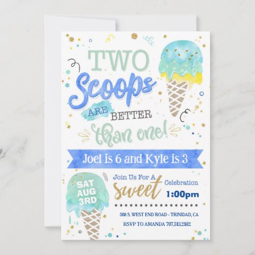 Ice Cream Two Scoops Birthday Invitation Boys