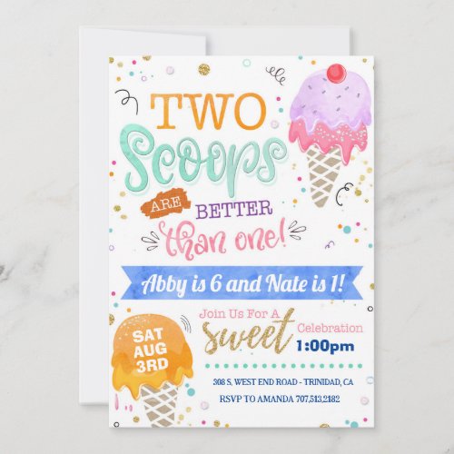 Ice Cream Two Scoops Birthday Invitation Girl Boy