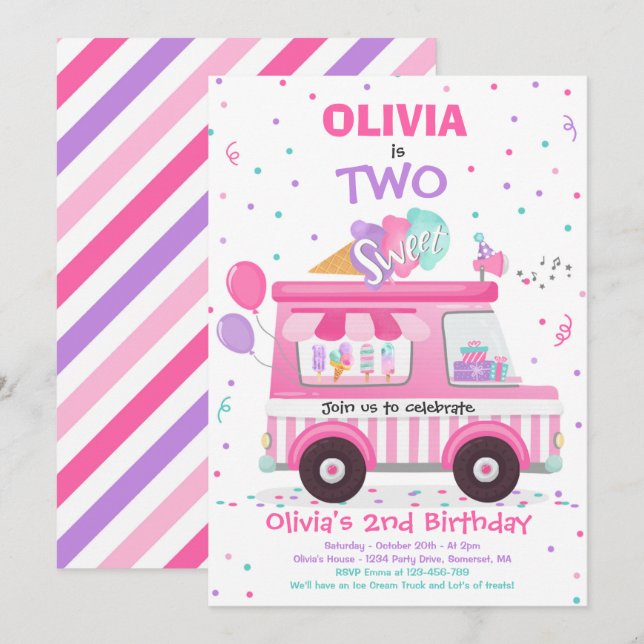 Ice Cream Two Sweet 2nd Birthday Ice Cream Truck I Invitation (Front/Back)