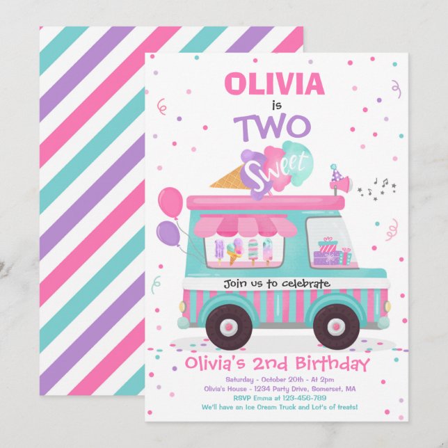 Ice Cream Two Sweet 2nd Birthday Ice Cream Truck Invitation (Front/Back)