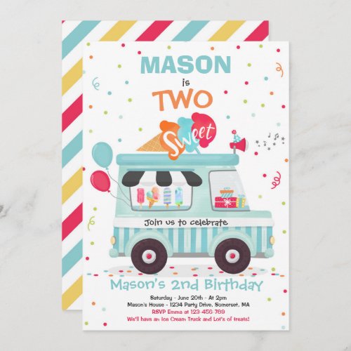 Ice Cream Two Sweet 2nd Birthday Ice Cream Truck Invitation