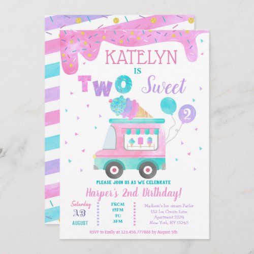 Ice Cream Two Sweet 2nd Birthday Invitations