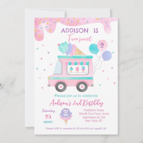 Ice Cream Two Sweet 2nd Birthday Party Invitations
