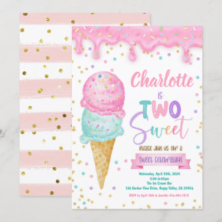 Ice Cream Two Sweet 2nd Birthday Party Pink Mint Invitation