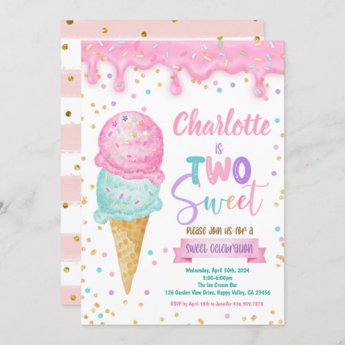 Ice Cream Two Sweet 2nd Birthday Party Pink Mint Invitation