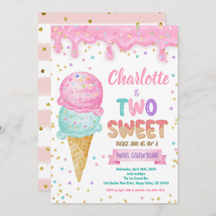 Ice Cream Two Sweet 2nd Birthday Party Pink Mint Invitation
