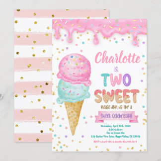 Ice Cream Two Sweet 2nd Birthday Party Pink Mint Invitation