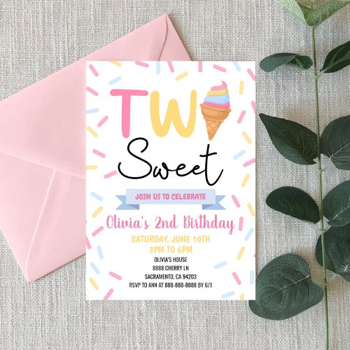 Ice Cream Two Sweet 2nd Second Birthday Party Invitation