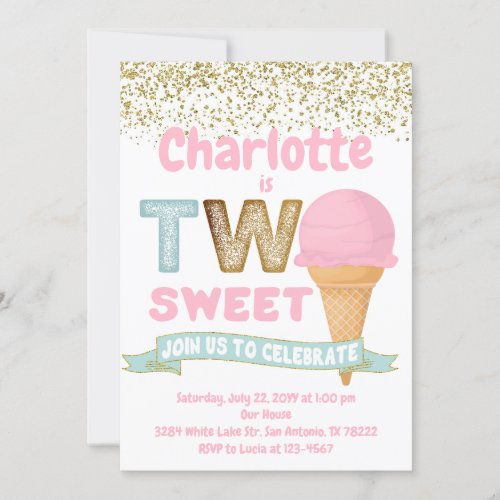 Ice Cream Two Sweet Gold Sprinkles 2nd Birthday In Invitation