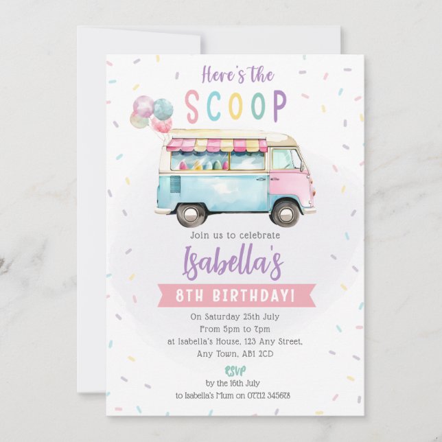 Ice Cream Van Birthday Invite - Here's the Scoop (Front)
